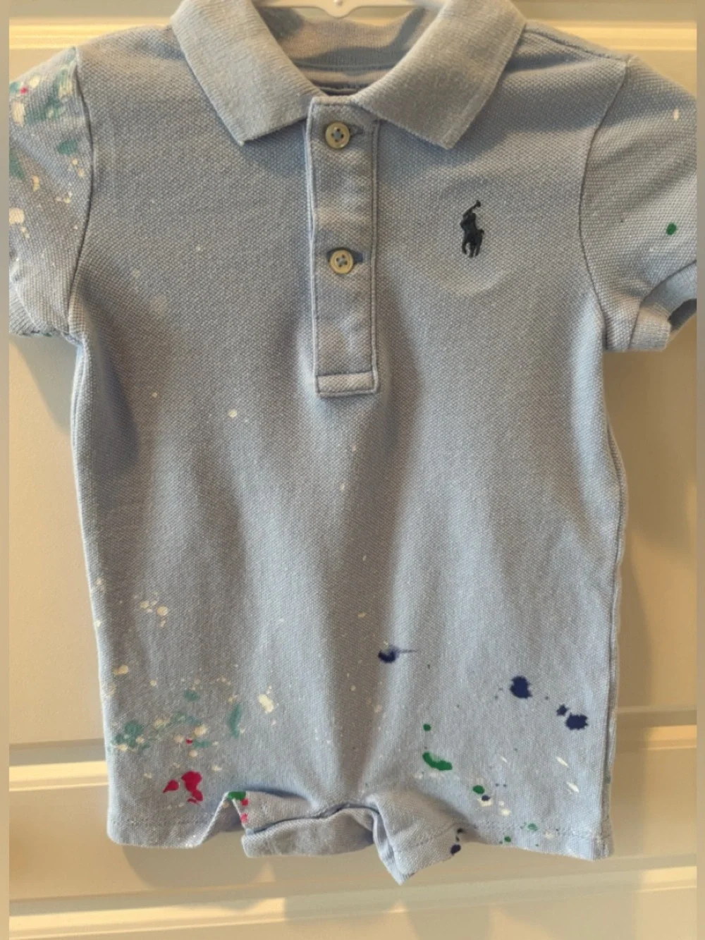 Ralph Lauren Blue Pique Polo Short Playsuit w/ Paint Splatter Design